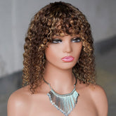 Short Ombre Honey Blonde Kinky Curly Human Hair Bob Wig with Bangs